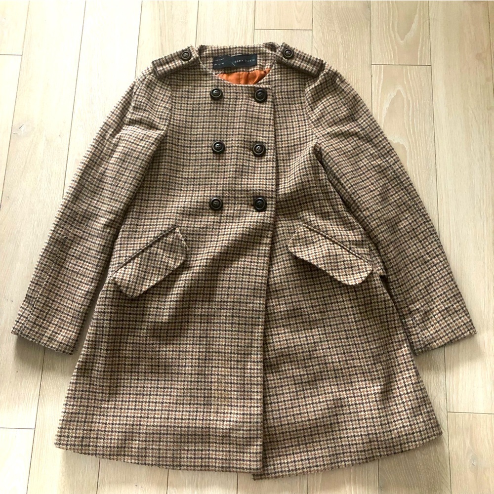 Zara Double Breasted Plaid Wool Coat in Brown Size L